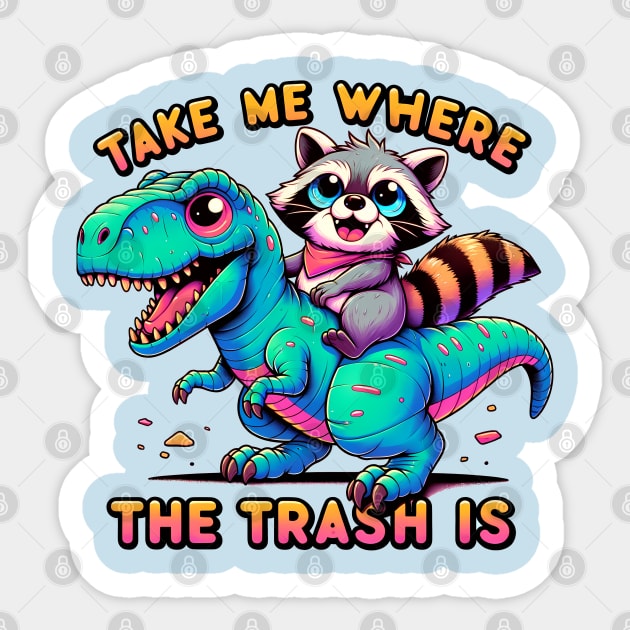 Racoon riding a T-Rex Sticker by TaevasDesign